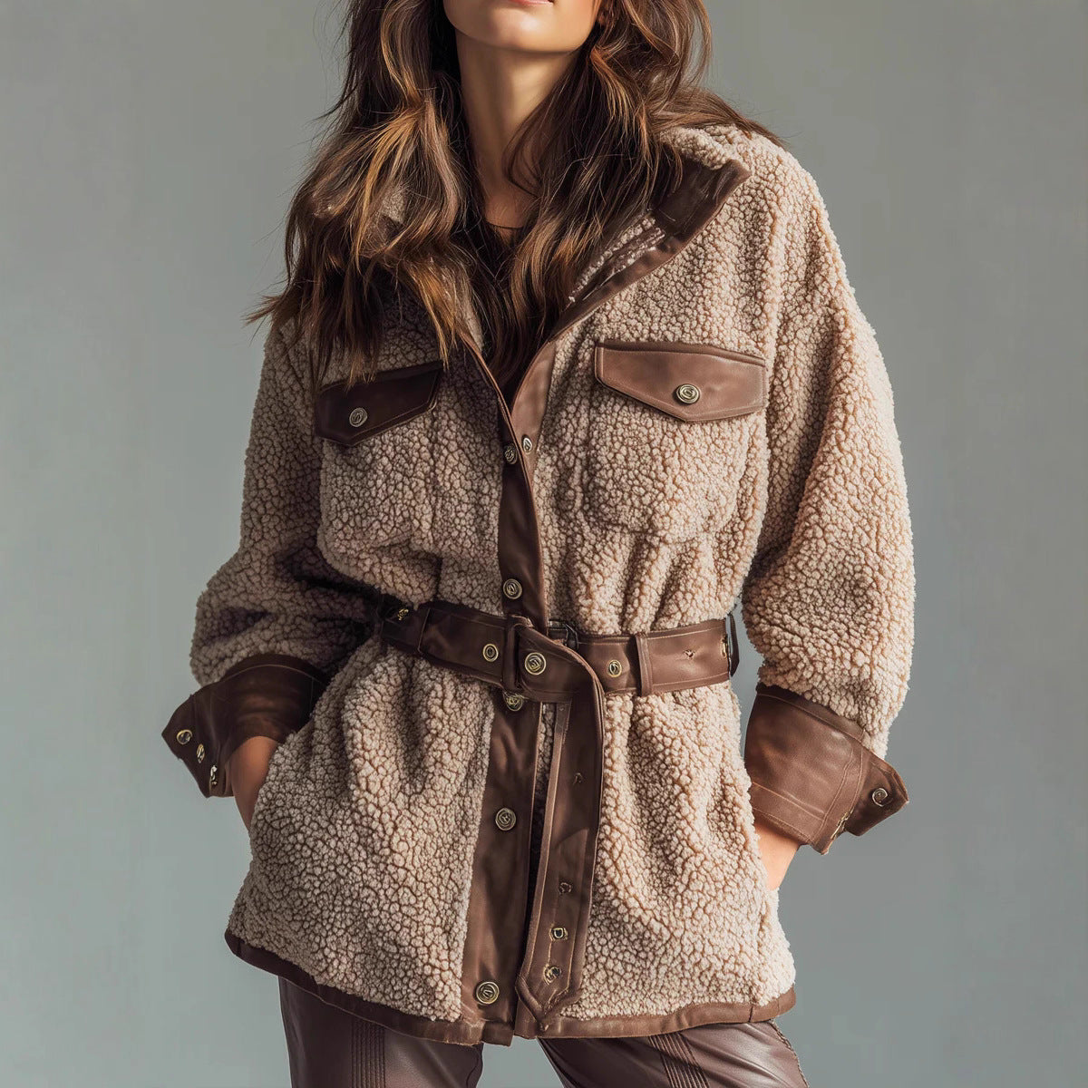 Autumn Winter Women Clothing Thickened Lamb Buy Stitching Faux Leather Pocket Leather Belt Retro Coat