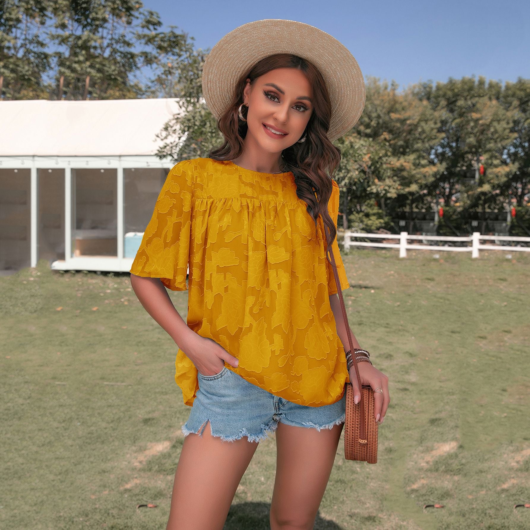 Summer Shirt Women Bell Sleeve Little-Girl Clothes Lace Hollow-out Chiffon Top