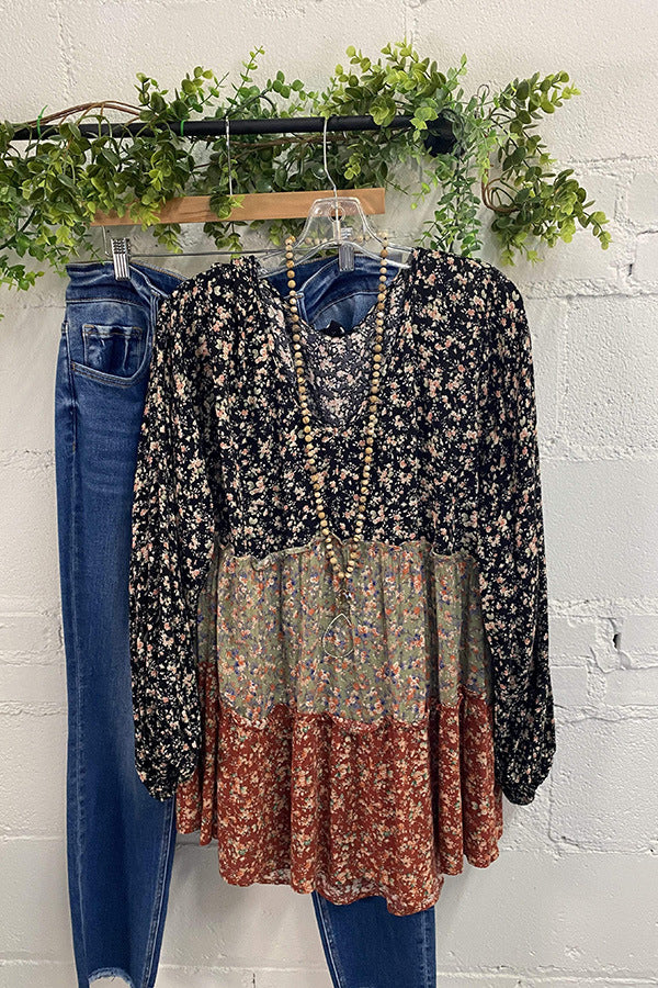 Autumn Women Tops Floral Three Color V Neck Patchwork Long Sleeve Gathers T Shirt
