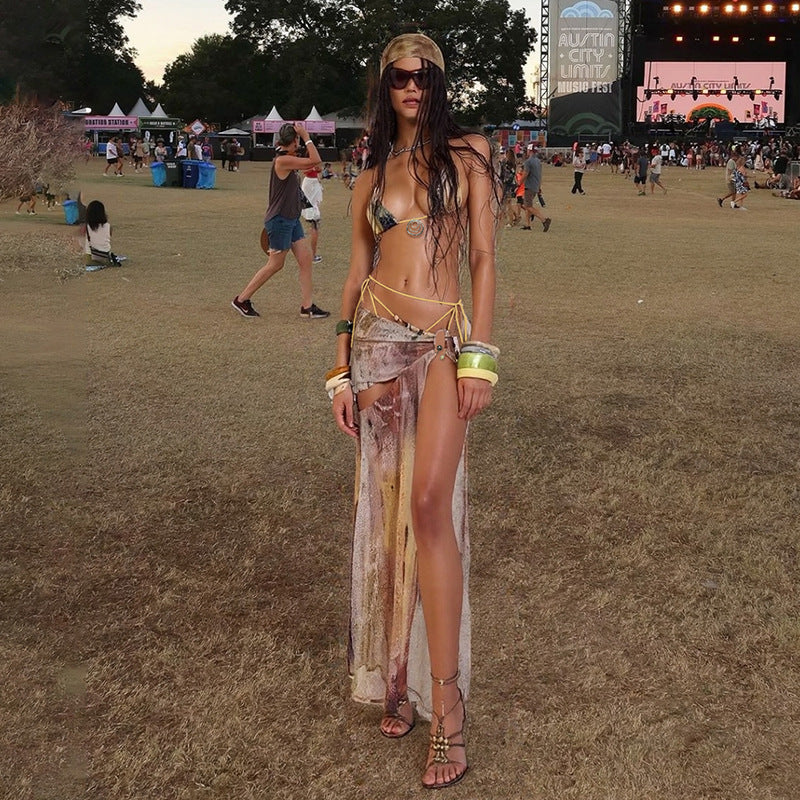 Women Clothing Summer Sexy Split Bikini Strap Beaded Briefs Skirt Three Piece Set