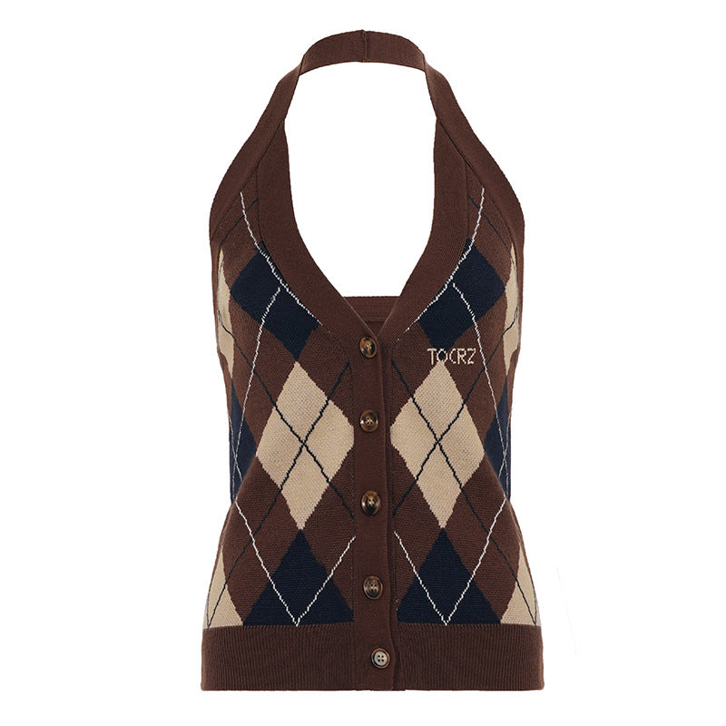 Retro Rhombus Wool Woven Halter Backless Sexy Vest V neck Slim Fit Buttoned Design Sleeveless Sweater Vest