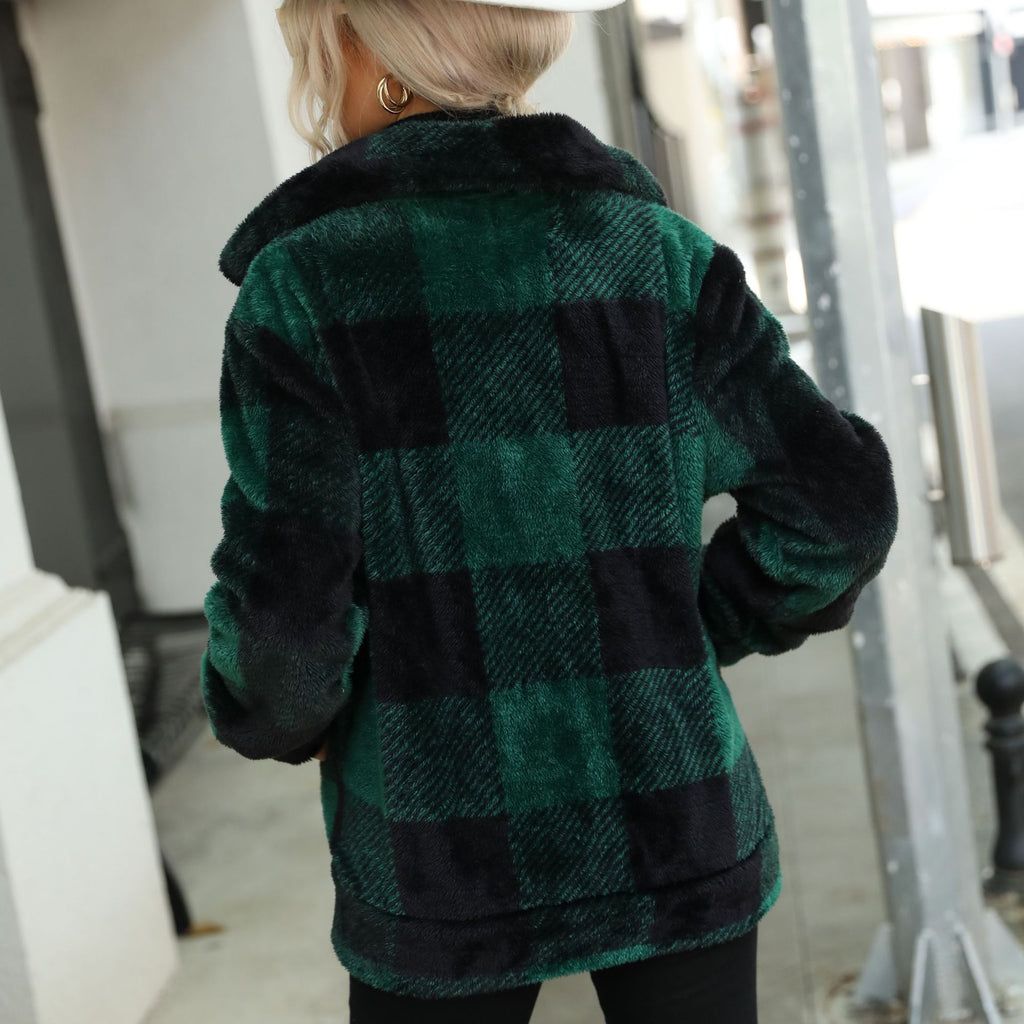 Autumn Winter Ladies Long Sleeves Stand Up Collar Plaid Regular Midi Plush Zippered Double Sided Suede Jacket
