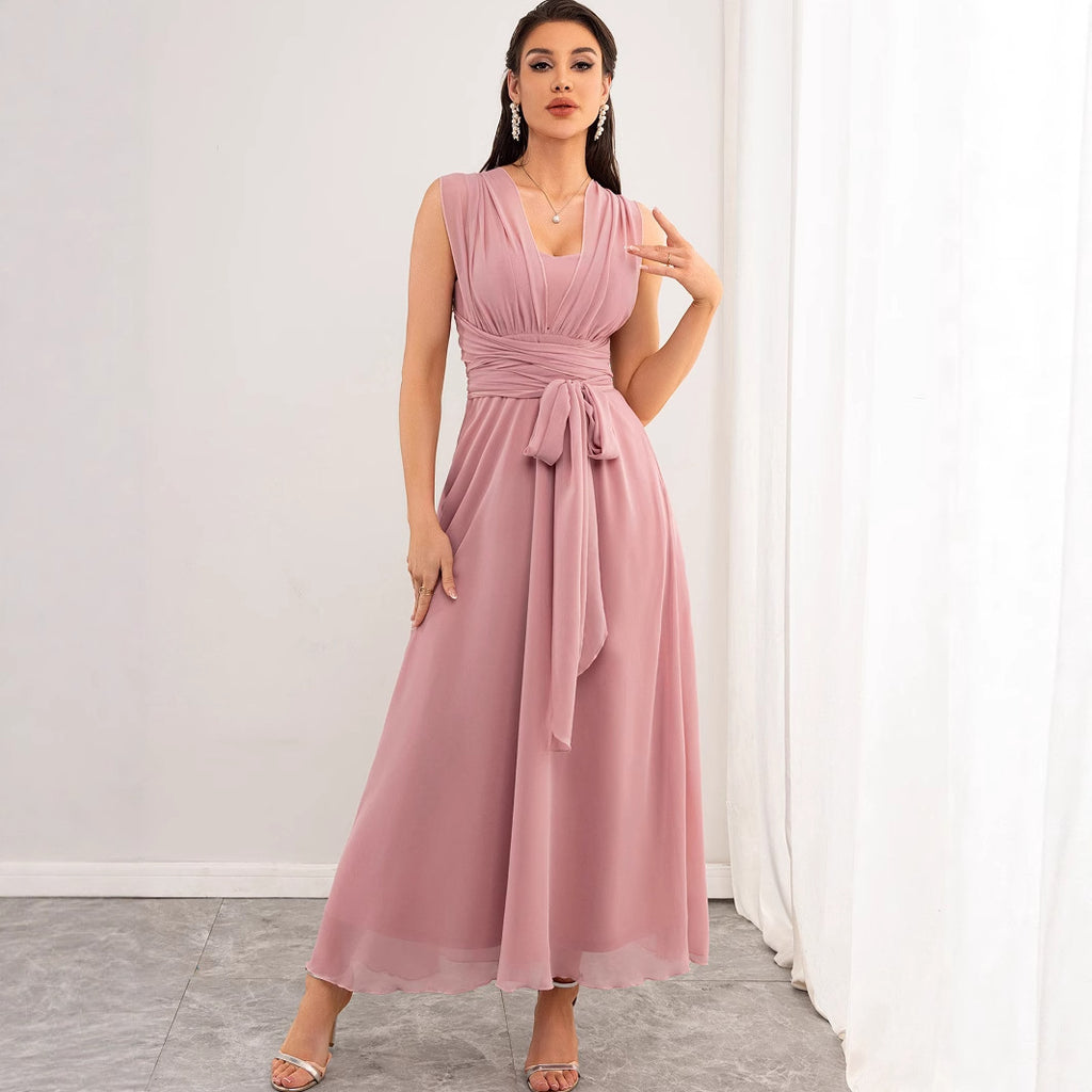 Women Clothing Sexy Backless Chiffon Pink Dress Maxi Dress Summer