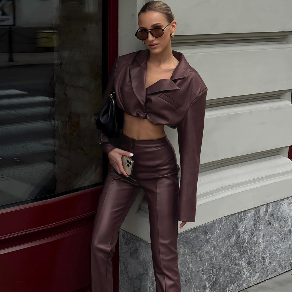 Autumn Winter Women Clothing Sexy Collared Crop Top Short Top High Waist Faux Leather Trousers Two Piece Set