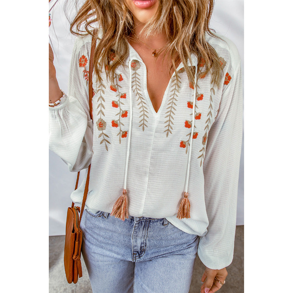 Floral Embroidered V neck Pullover Shirt Women Tassel Lace up Long Sleeve Chiffon