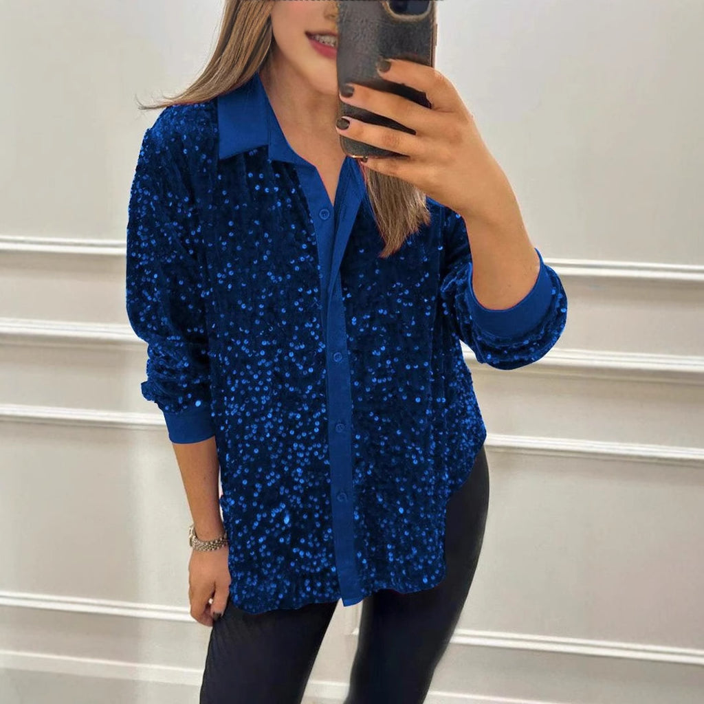 Autumn Winter Long Sleeve Loose Casual Sequin Shirt