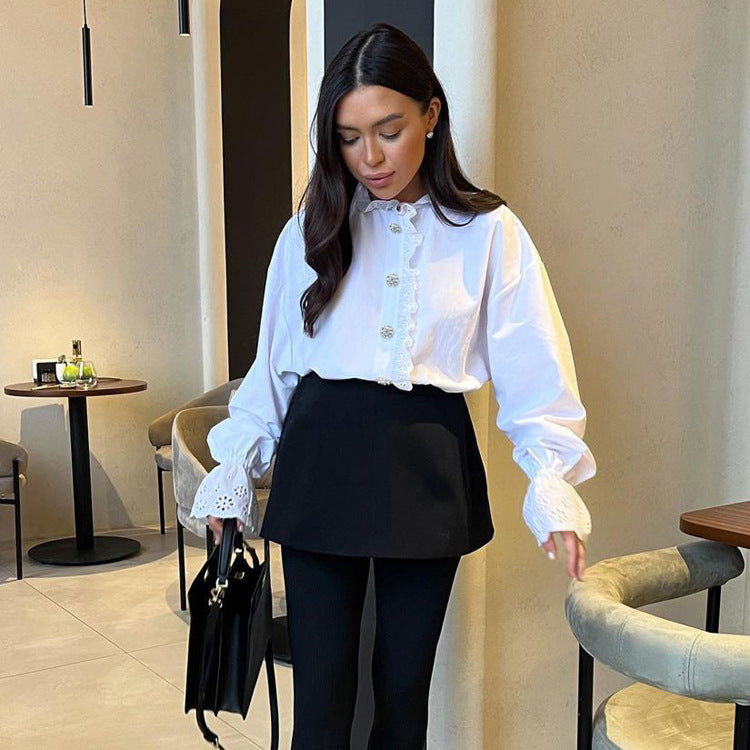 Stand Collar Diamond Ruffled Shirt Women Western All Matching White Shirt Top