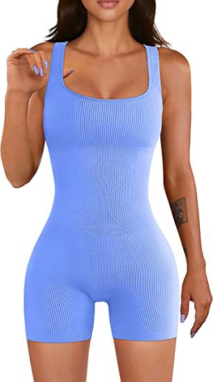 Women Yoga Jumpsuit Workout Ribbed Square Collar Sleeveless Sports Jumpsuit