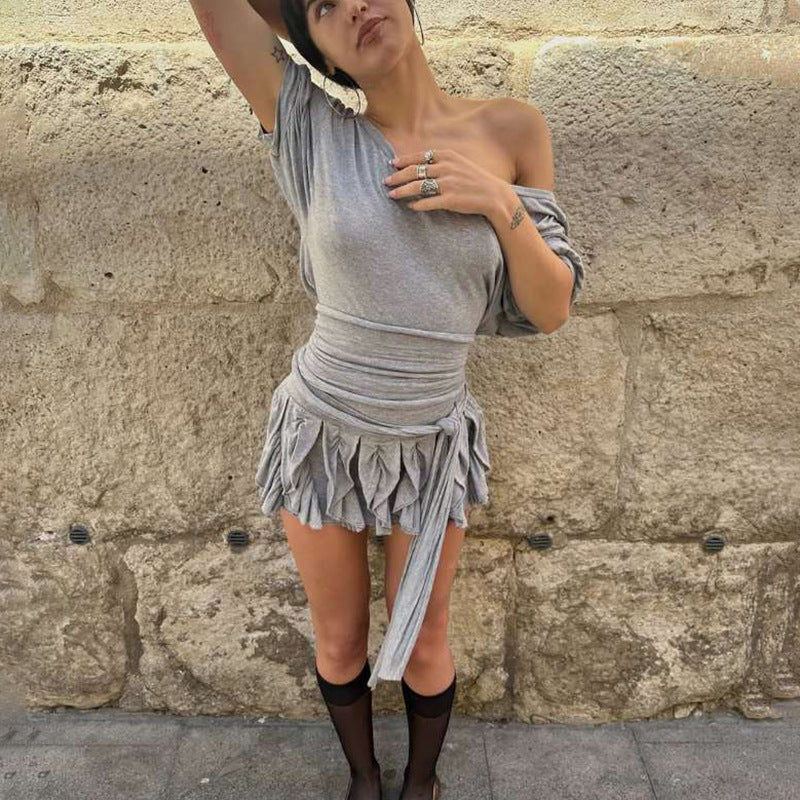 Summer Women Clothing Solid Color Personalized Bandage Diagonal Collar Slim Sexy Package Hip Short Sleeve Dress