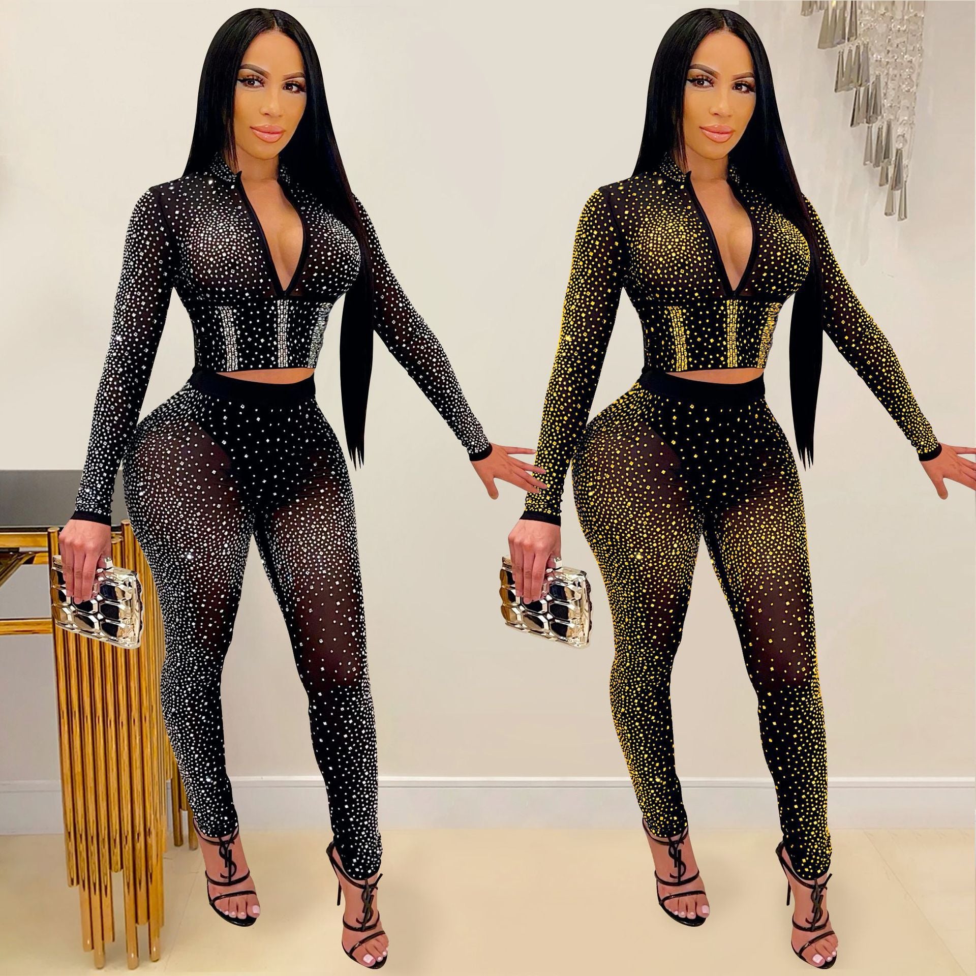 Women Clothing Sexy Tight Mesh See-through Long Sleeve Rhinestone Two-Piece Set Blouse Pants Women