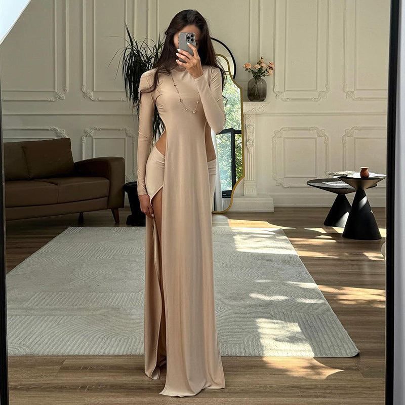 Women Clothing Fall round Neck Irregular Asymmetric with Personality Long Sleeve T shirt Solid Color Slim Skirt Set