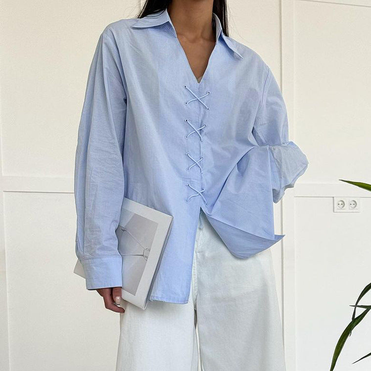 Cotton Shirt Women Spring Solid Color Collared Long Sleeve Niche Design Cross Tied Shirt