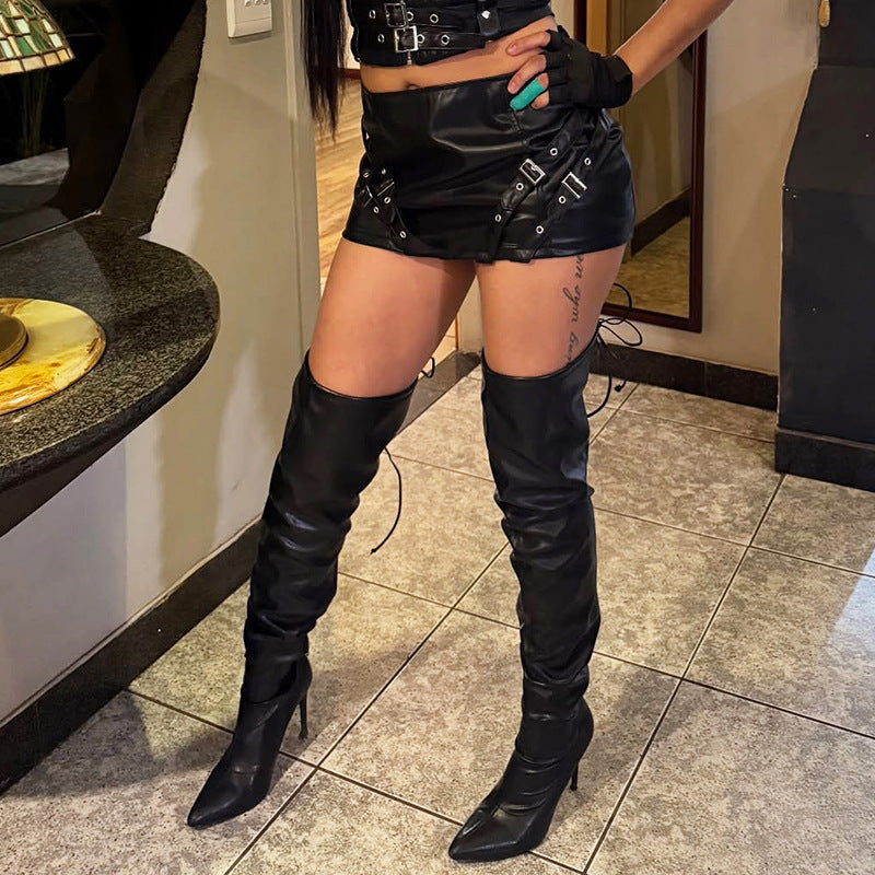 Jupe moulante en cuir noir sexy à boucle métallique japonaise taille basse