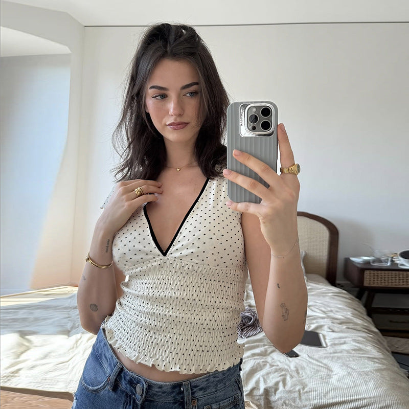 Women Clothing Summer Personalized Polka Dot Contrast Color Slim Fit Sexy V neck Stringy Selvedge Short Sleeve T shirt