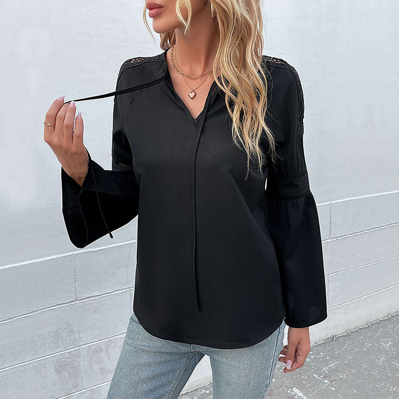 Women Wear Solid Color Long Sleeve Stitching Lace Shirt