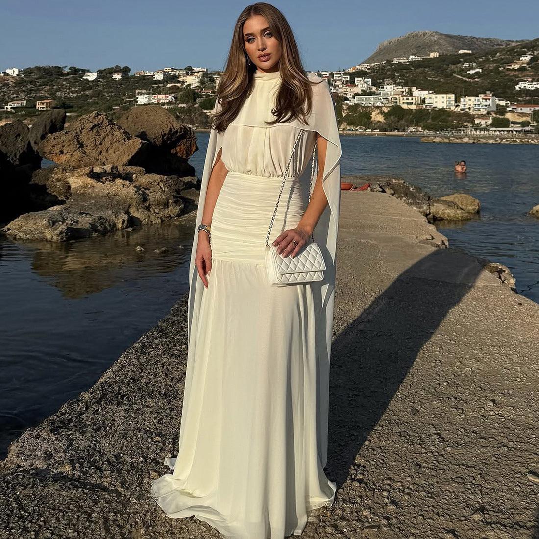 Autumn Winter Women Clothing Waist Controlled Sheath Pleated Ribbon Solid Color Dress