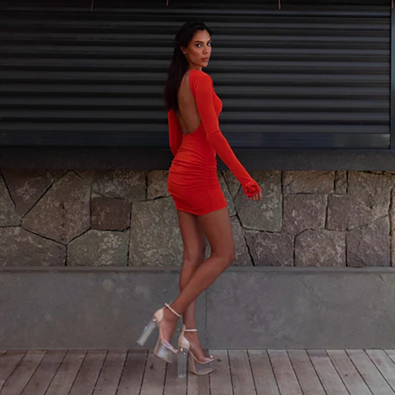 Sexy Long Sleeve round Neck Stitched Backless Hip Dress Women Short Dress