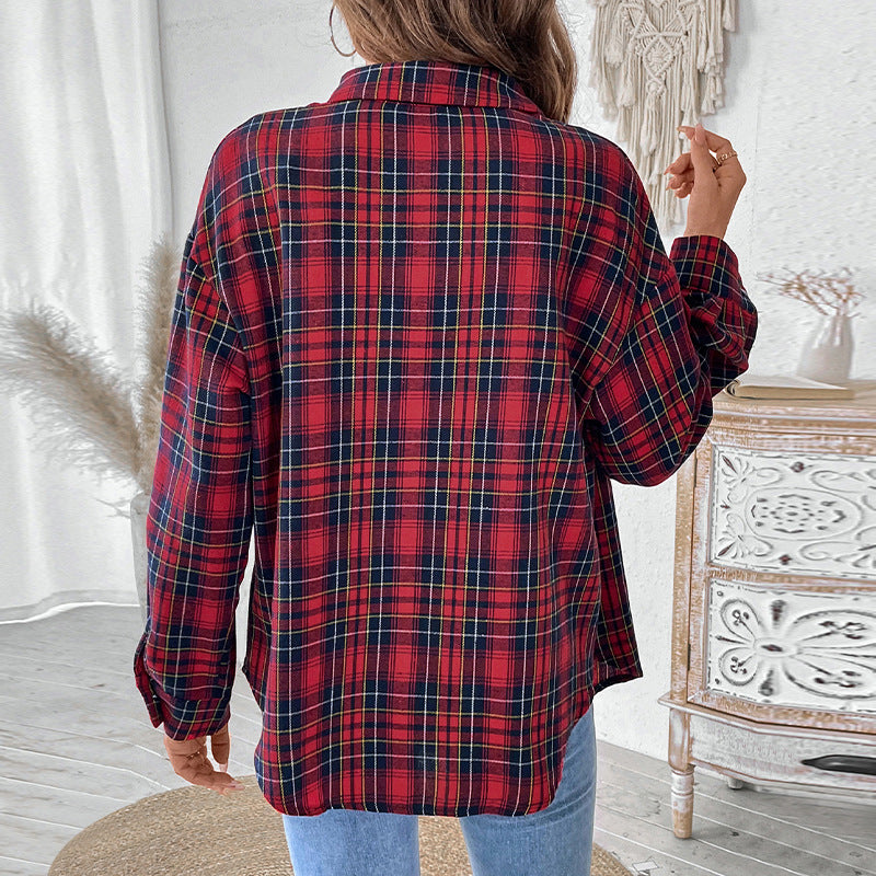 Casual Coat Spring Autumn Collared Long Sleeve Plaid Shirt for Women