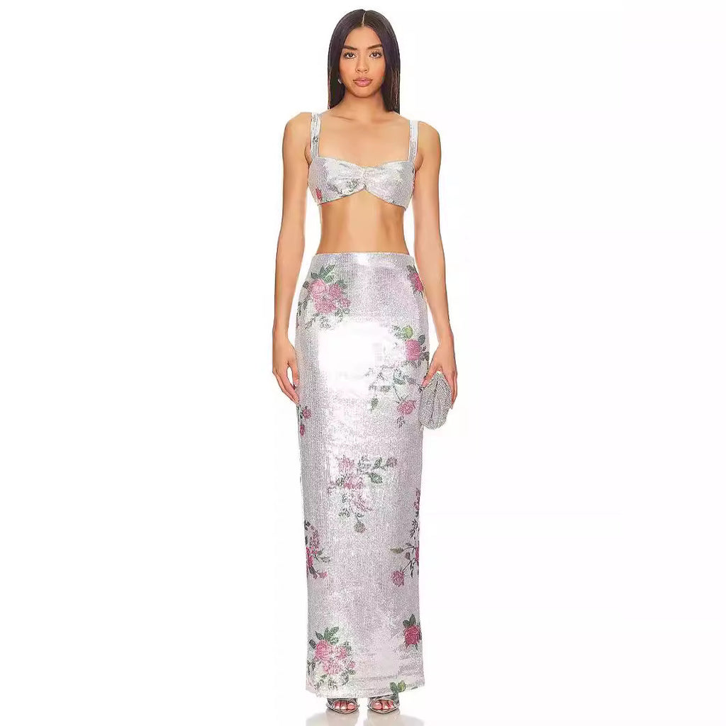 Romantic Vacation Fresh Retro Printed Thin Mesh Skirt Summer Elegant Casual Skirt Sequins