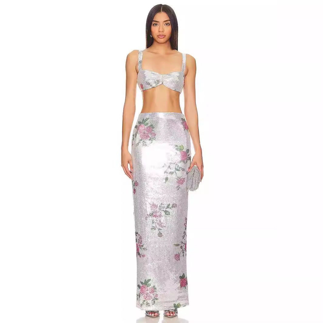 Romantic Vacation Fresh Retro Printed Thin Mesh Skirt Summer Elegant Casual Skirt Sequins