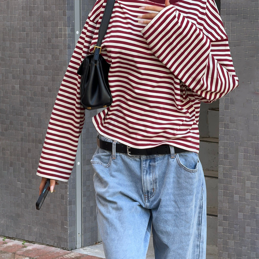 Arrival Long Sleeved Striped T shirt Casual Contrast Color Slim round Neck Top