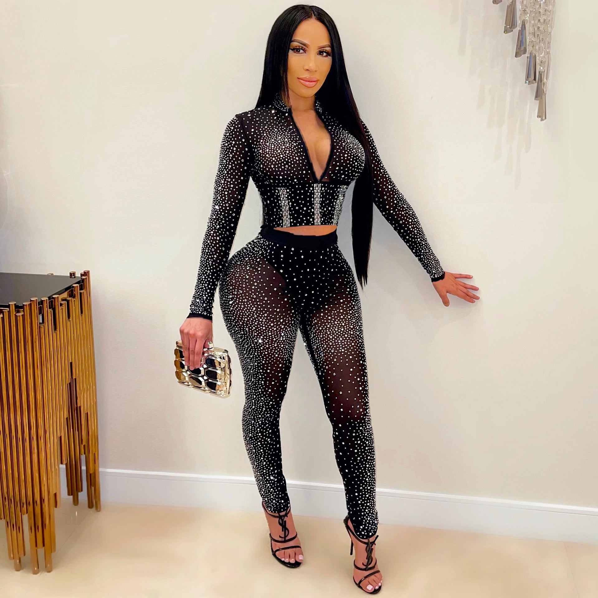 Women Clothing Sexy Tight Mesh See-through Long Sleeve Rhinestone Two-Piece Set Blouse Pants Women