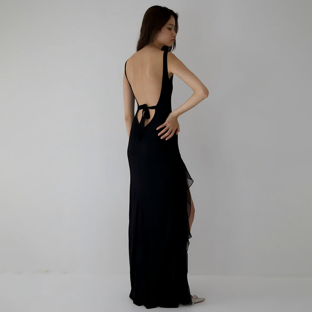 Summer Elegant Ribbon Women Dress Sexy Backless High Slit Ruffled Slim Dress