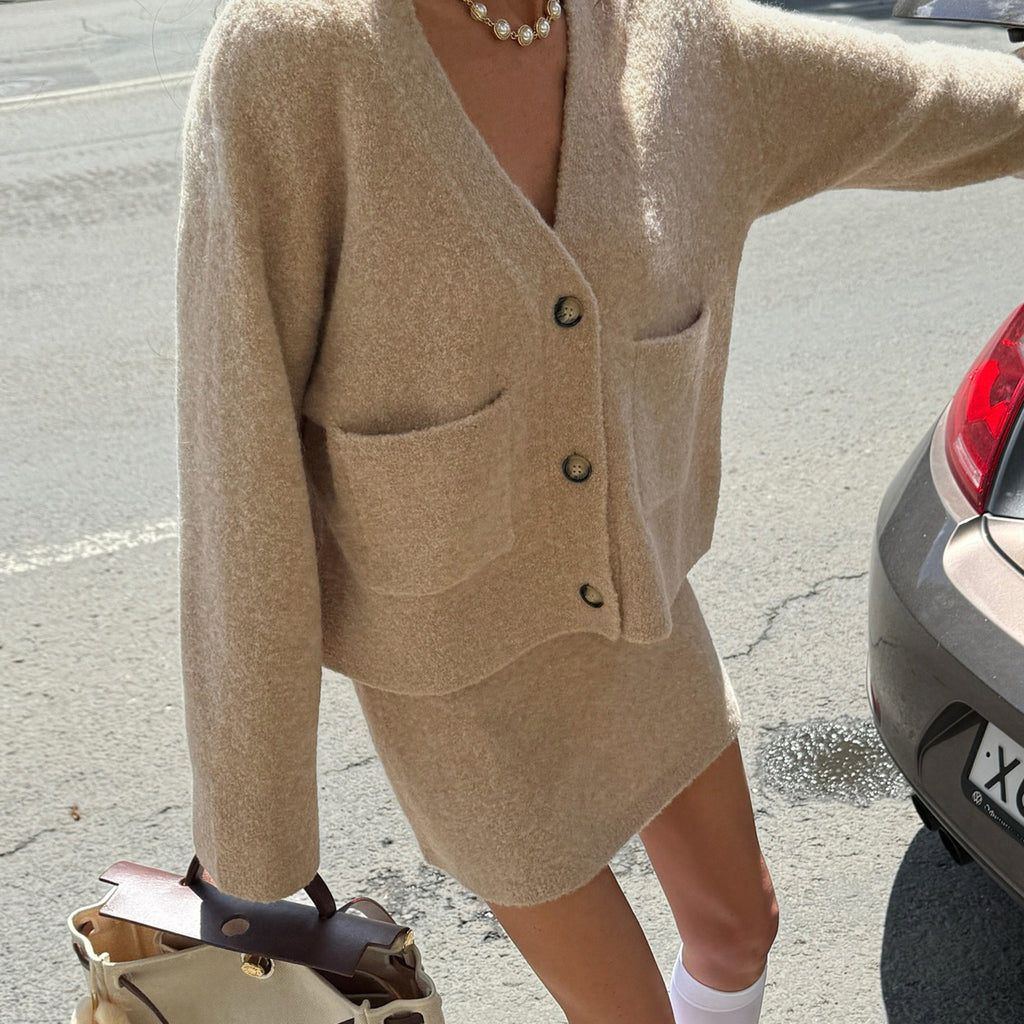 Autumn Winter Solid Color Long Sleeve Casual Cardigan Sweater Coat Skirt Outfit Classic Two Piece Set