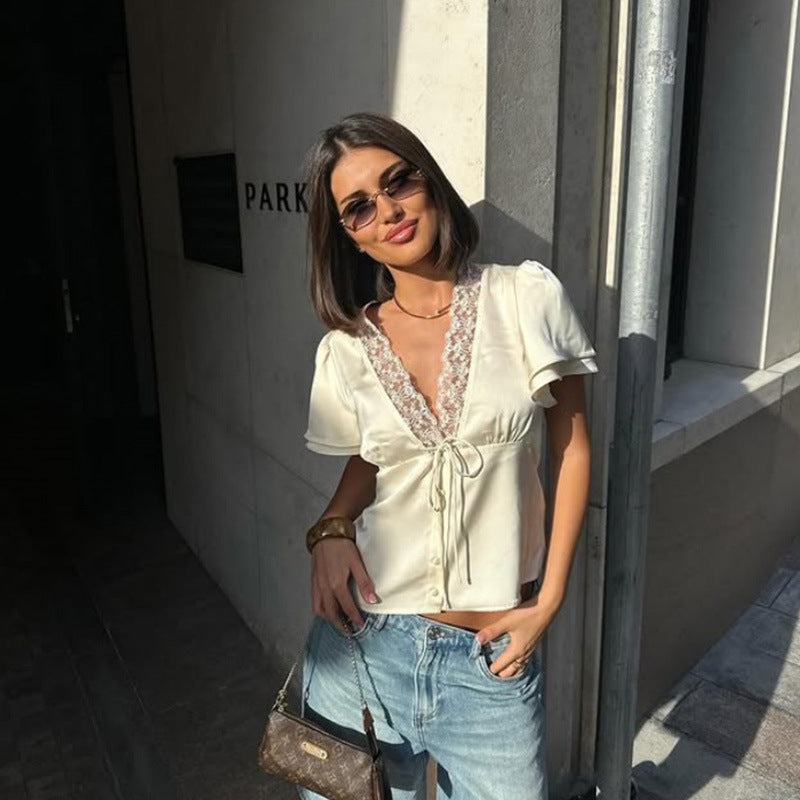 Tied Lace Stitching T shirt Slim Fit Slimming Summer Pure Sexy Short Sexy Short Sleeve Top