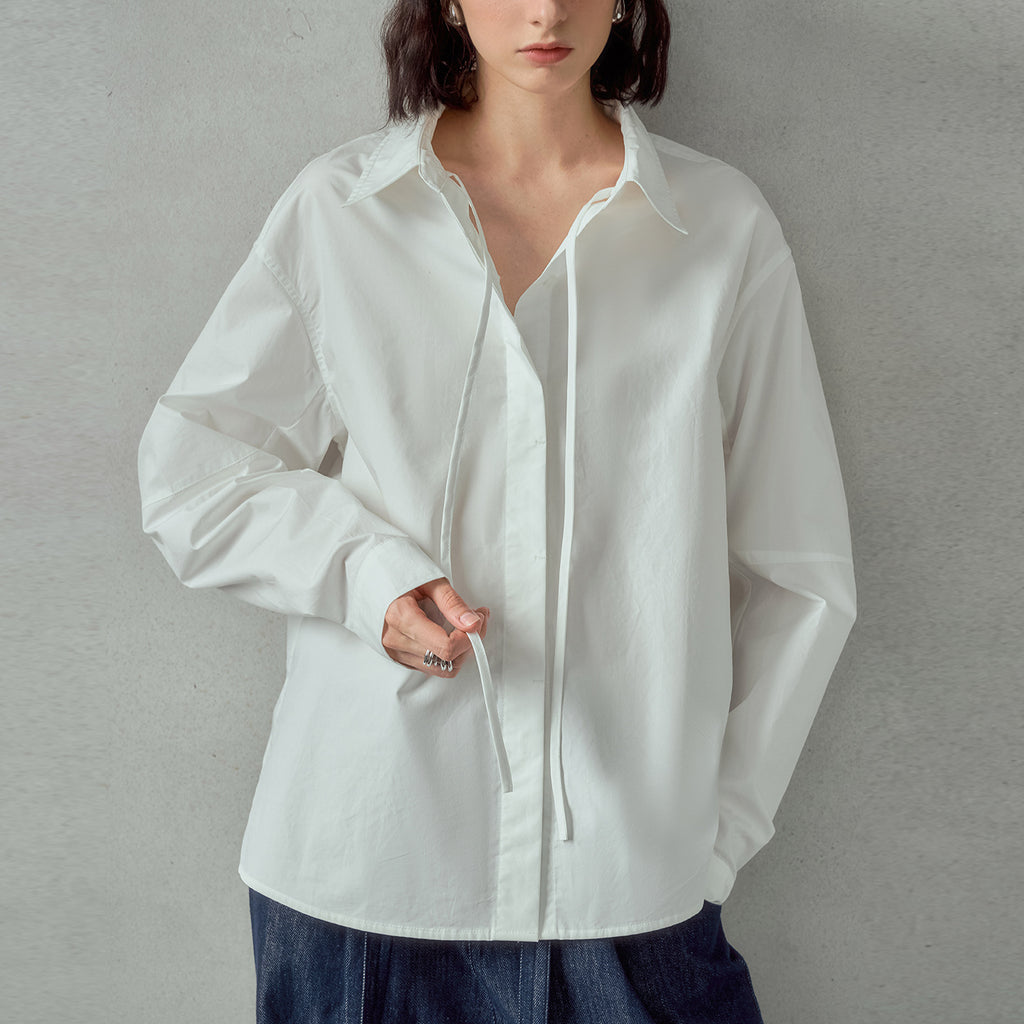 Pure Cotton Collared Long Sleeve Shirt Autumn Shoulder Sleeve Pleated Design Niche High End All Matching Women Wear Top