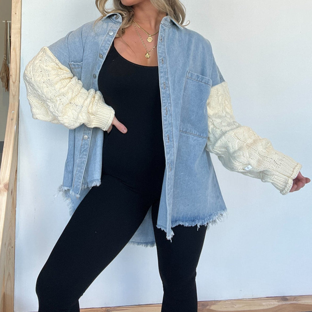 Loose Stitching Sweater Sleeve Denim Woolen Women Coat