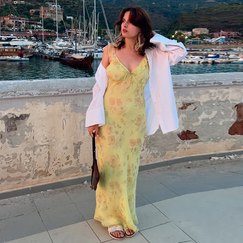 French Holiday Floral Strap Dress Ruffled Gentle Sexy Flying Sleeve Maxi Dress for Women