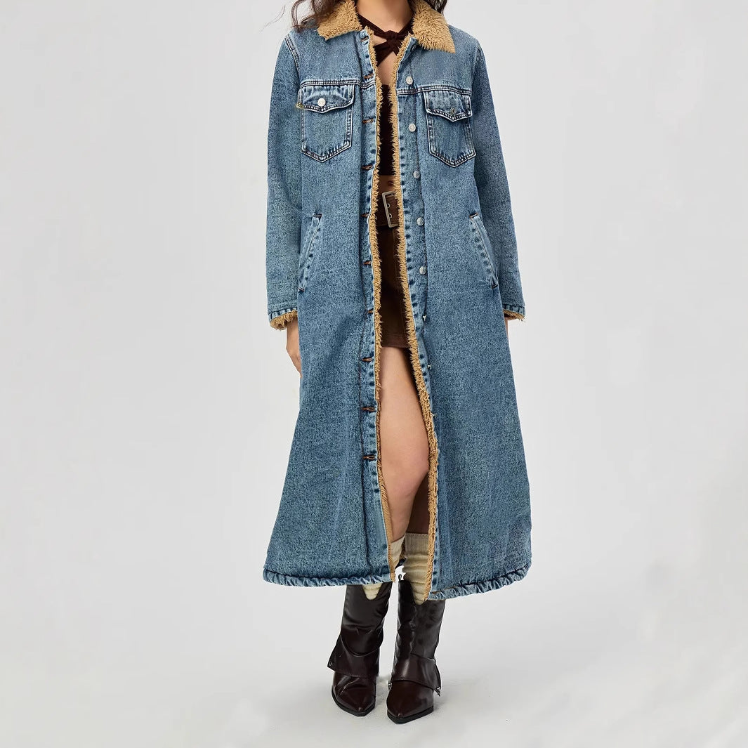 Women Clothing Loose Long Velvet Lining Cotton Padded Coat Denim Coat
