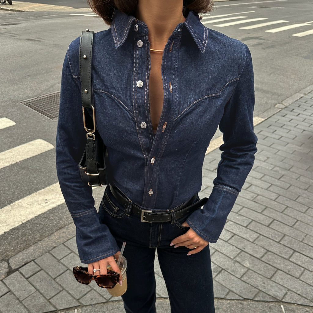 Autumn Winter Blue Split Shirt Women's Bandage Dress Inner Collared Loose Breasted Jacket