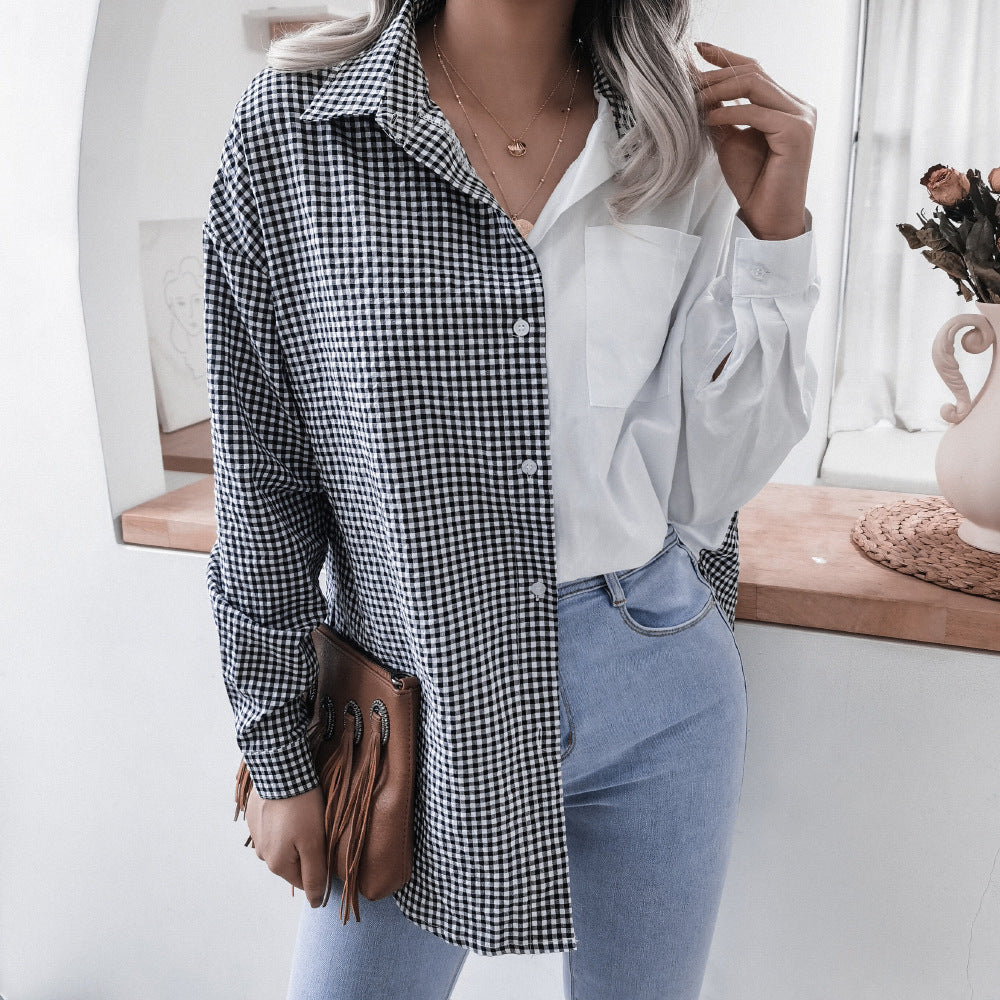 Spring Summer Casual Plaid Stitching Loose Cotton Shirt Women Clothing