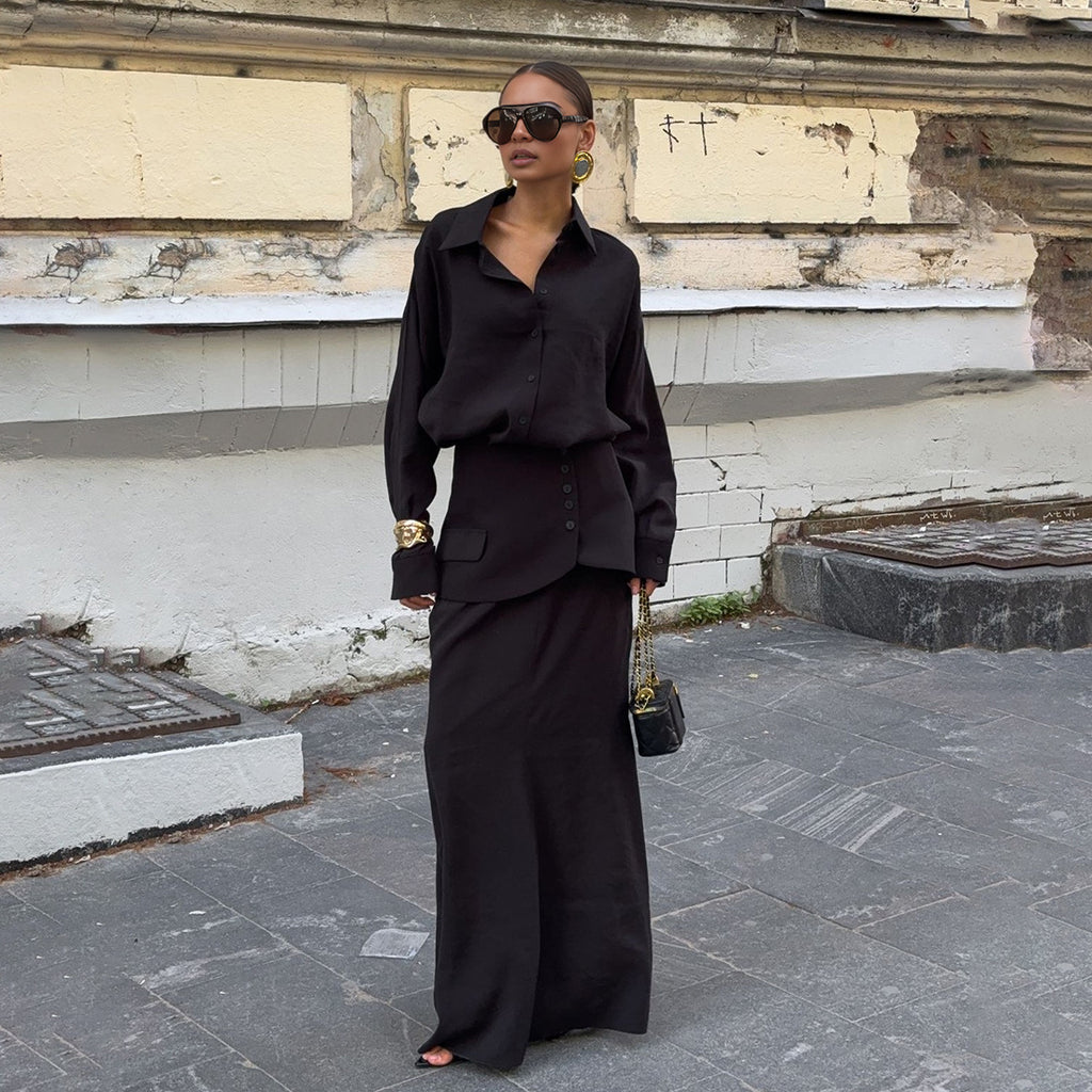 Women Clothing Fall Collared Long Sleeve Shirt Solid Color Waist Seal Skirt Three Piece Set