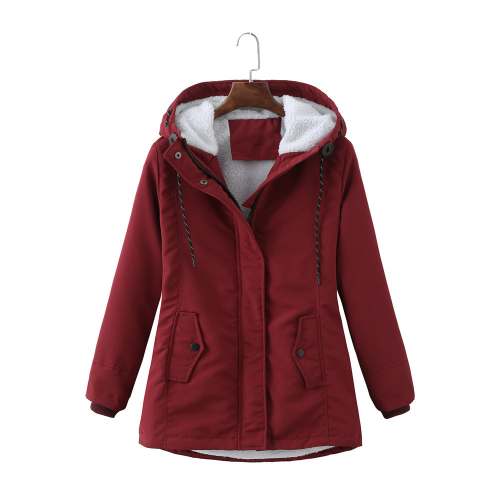 Ladies Hooded Lambswool Parka Winter Warm Waist Women Cotton-Padded Coat