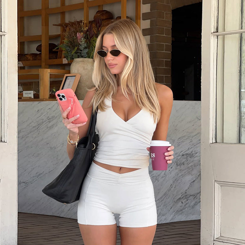 Ensemble deux pièces décontracté et sexy, uni, dos nu, short de yoga, short de sport