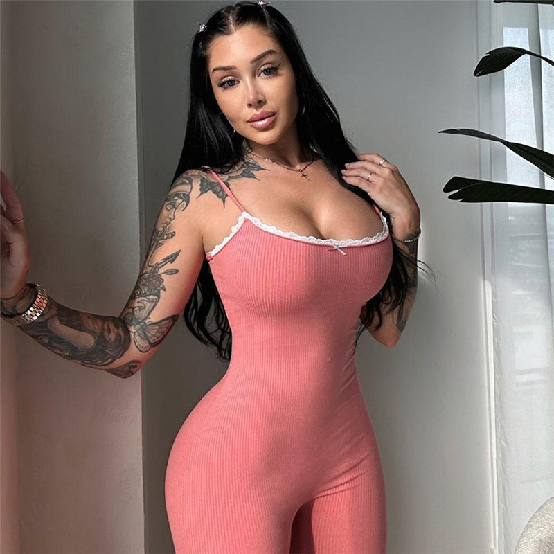 Autumn Winter Sexy Tight Low Cut Solid Color Trousers Strappy Bow Jumpsuit