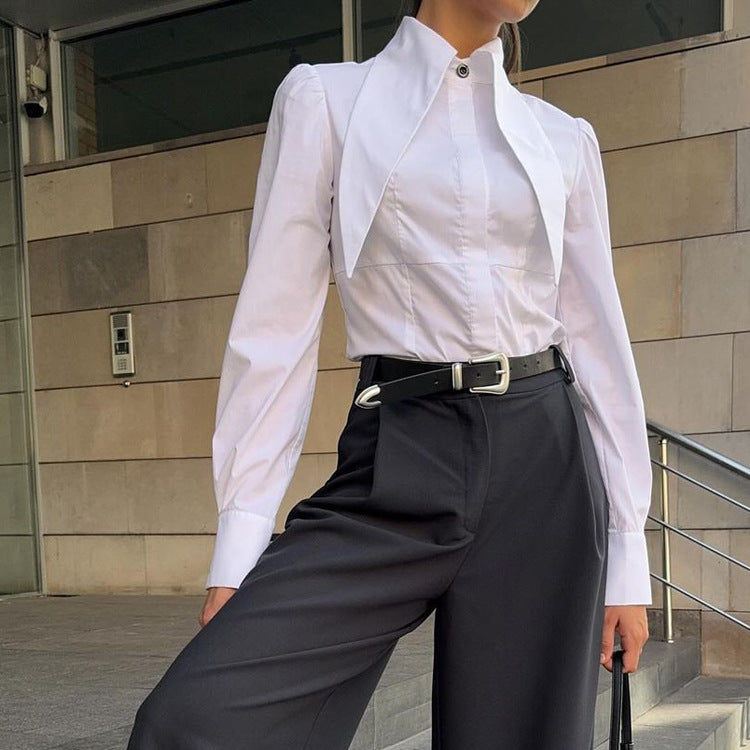 French White Shirt Women Spring Autumn Niche Design Collared Long Sleeve Cardigan Shirt Office All Matching Top