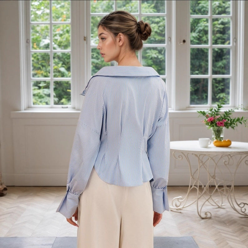Elegant Shirt Elegant Collared Puff Sleeve Pleated Waist Tight All Match Striped Long Sleeved Top