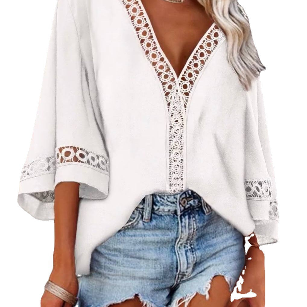Summer V neck Hollow Out Cutout Lace Shirt