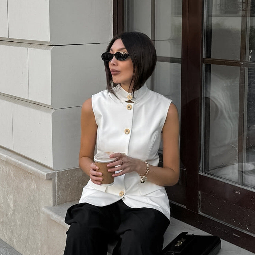 Fashionable Elegant Sleeveless Vest Top Spring Summer White Small Stand Collar Office Casual Shirt