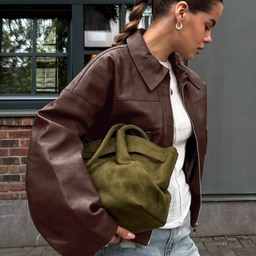 Women Clothing Spring Autumn Coat Bomber Jacket Retro Old Money Leather Jacket