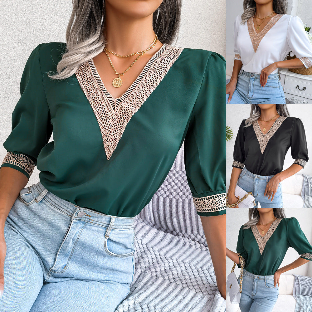 Spring Summer Lace V-neck Half Sleeve Chiffon Shirt Women Clothing