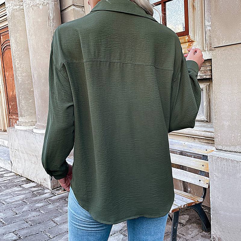 Vêtements d'automne pour femmes - Chemise polo unie à col rond pour femmes