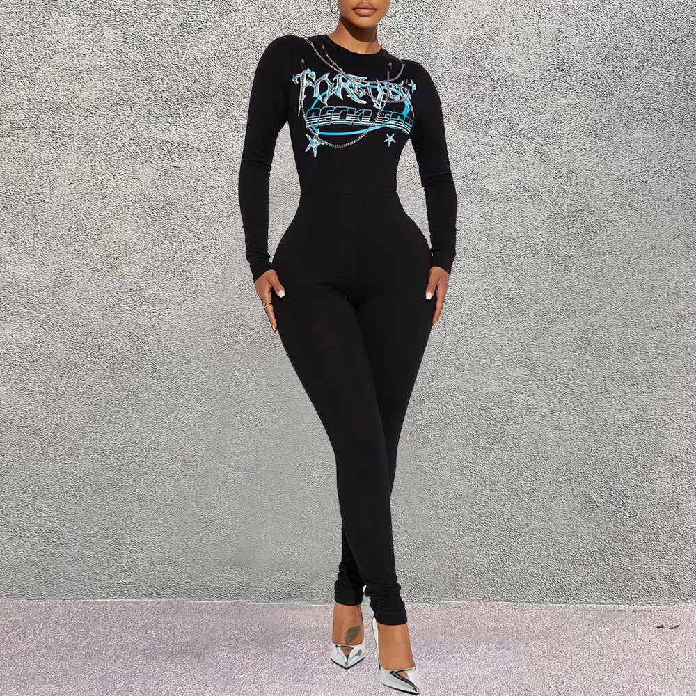 One Piece Women Clothing Print round Neck Long Sleeve Stretchy Slim Fit Tight Jumpsuit