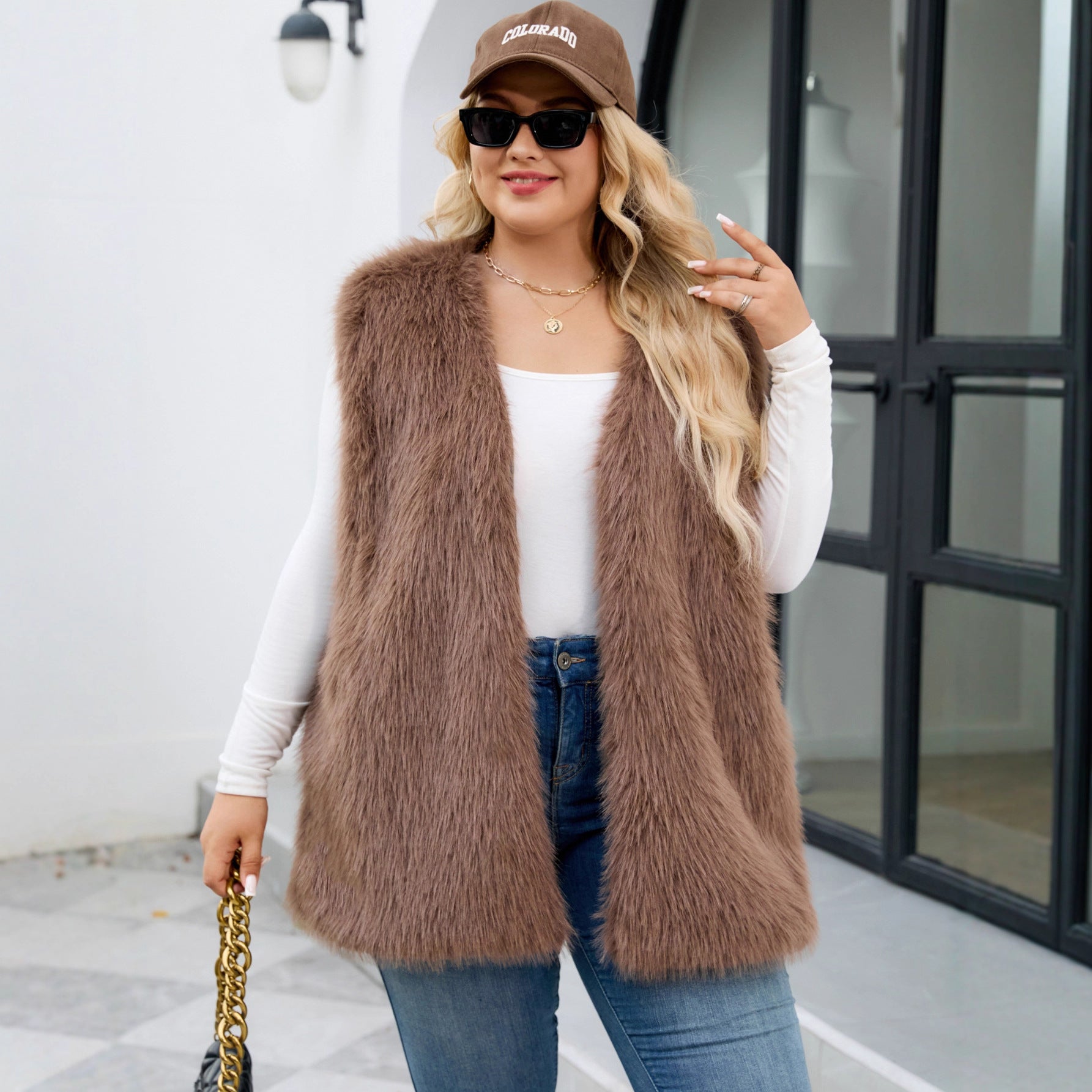 Plus Size Women Clothing Faux Fur V neck Vest Coat Sleeveless Vest