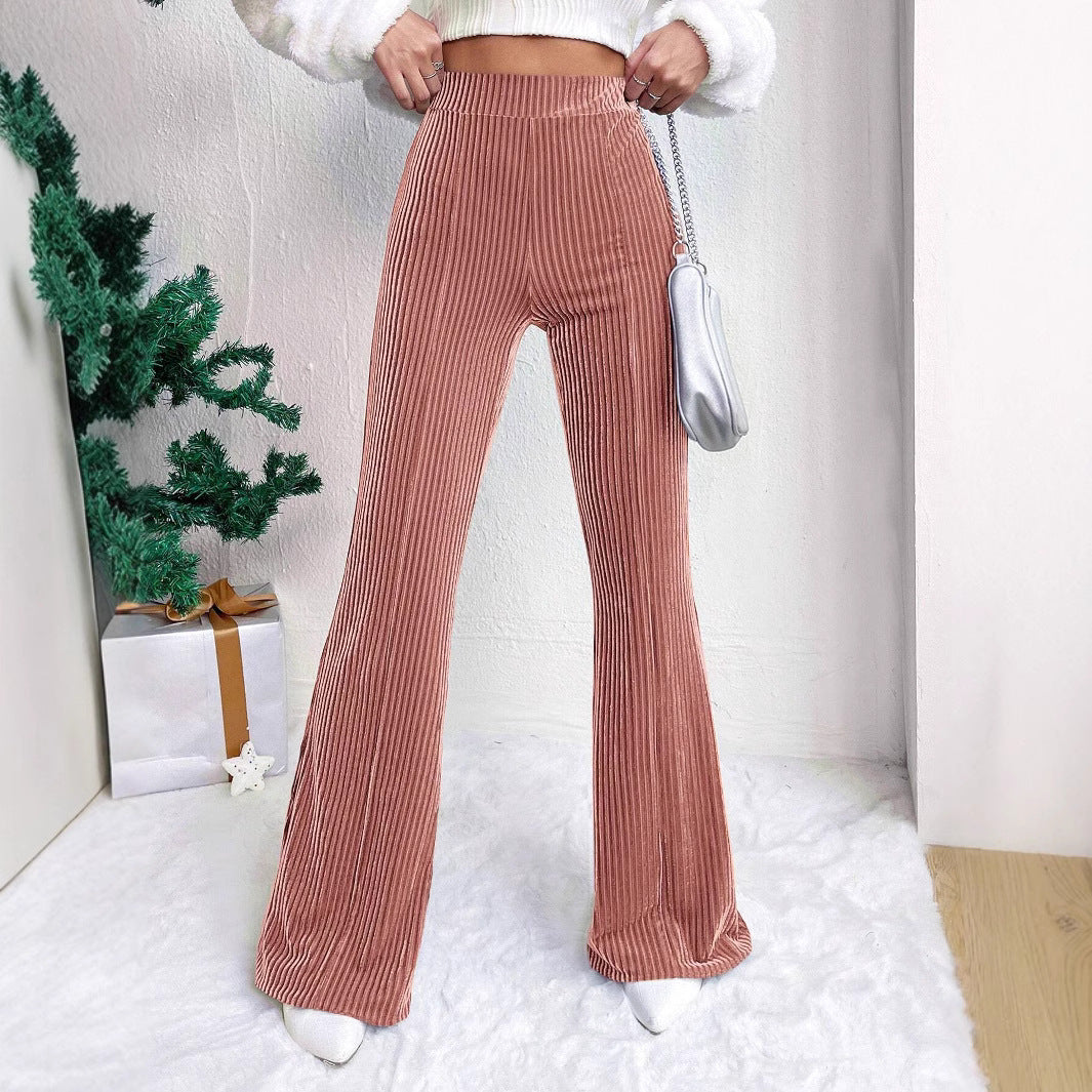 Autumn Winter High Waist Lamp Wick Corduroy Bell Bottom Pants Solid Color Casual Wide Leg Long Sports Pants Women