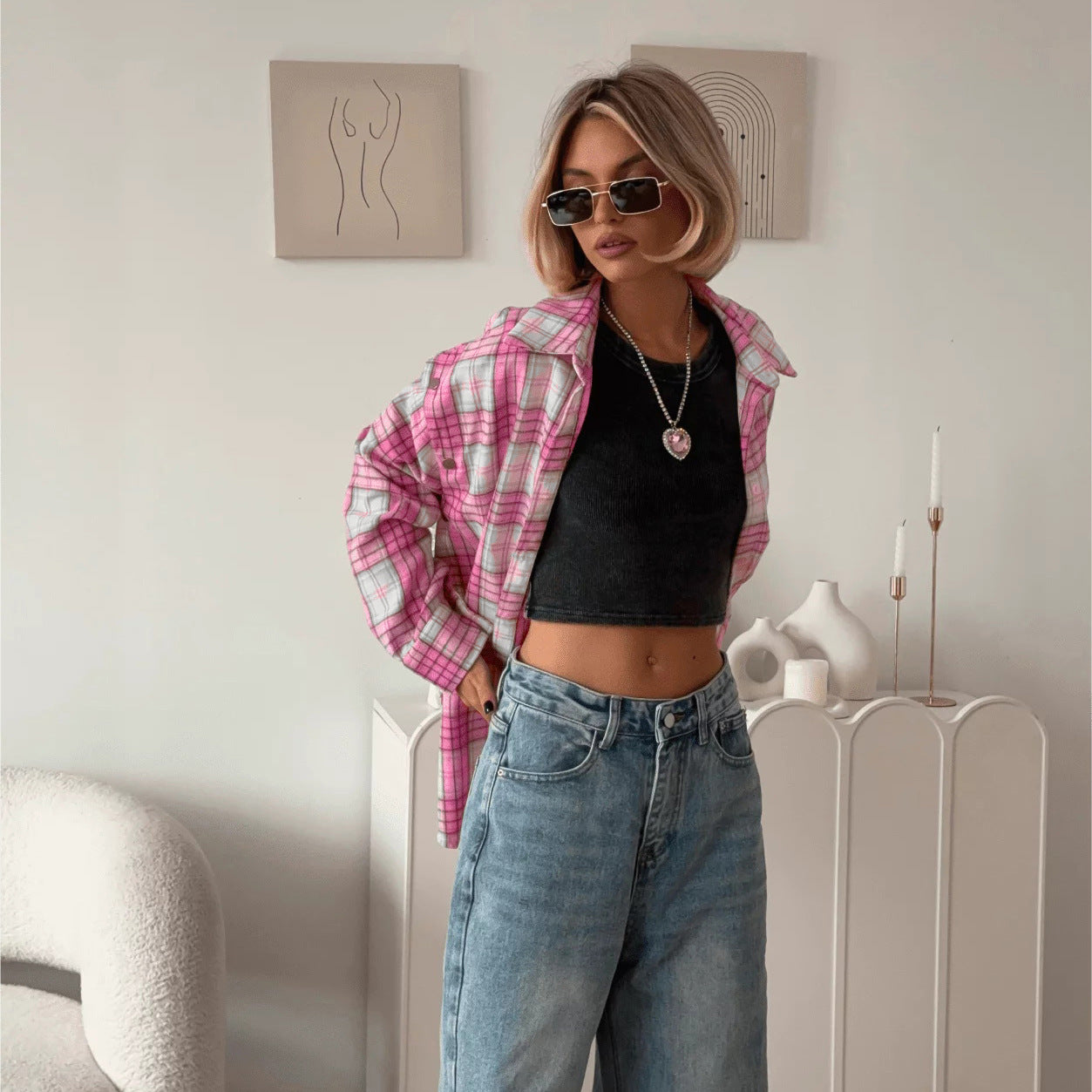 Pink Plaid Shirt Women Loose Shirt Detachable Long Sleeve Collared Outer Tops